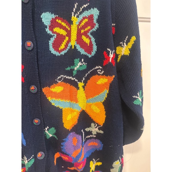 Handknit granny core Butterfly boho Cardigan Navy Blue Cotton Women's S/M whimsy - Picture 2 of 8